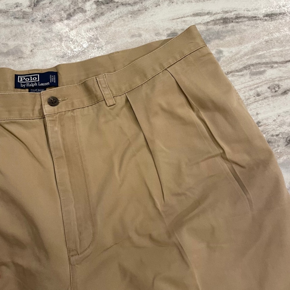VTG Y2K Polo Ralph Lauren Mens Tyler Short Khaki Tan Pleated Chino Cotton SZ 42
